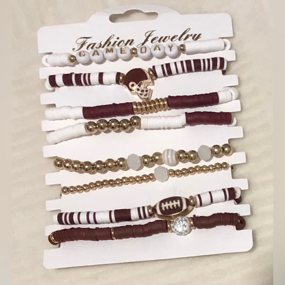 Game-days Maroon and White Stretch Beaded Bracelet Set of 8 PCs.